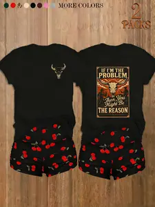 Women's 2-Piece Casual Set, Short Sleeve Top & Shorts, Leopard Print Bull Head Pattern, Loose-Fit, Chic Trendy Fashion Womenswear for All Seasons