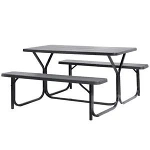 Gardenised QI003911GY Outdoor Woodgrain Picnic Table Set - 28.5x53.5x59 in., Metal Frame, Gray, Outdoor Living Furniture