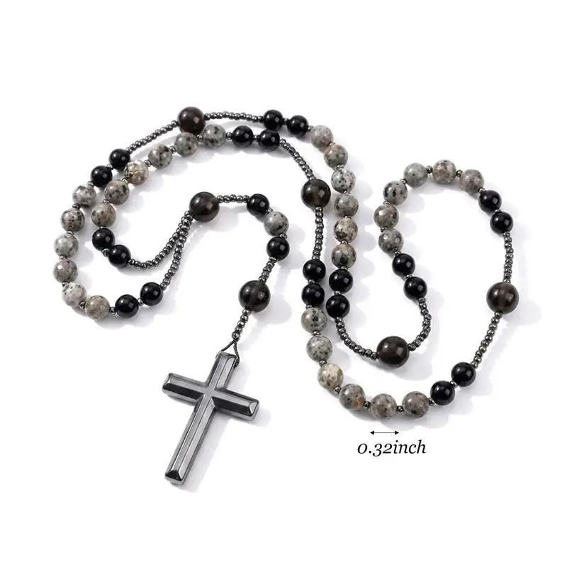 Natural Obsidian Yooperlite Rosary Necklace with Rosary Beads - UV Reactive, UV Protective, Gold-Plated Cuban Chain & Link, Hematite Cross Pendant, Black Unisex Casual Daily Protection Costume Jewelry Christmas Gift, Everyday Use, Obsidian Stones