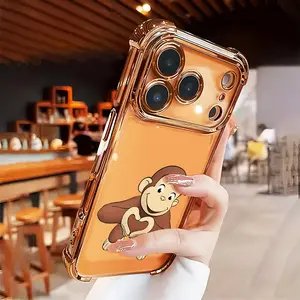 Cute Monkey Phone Case for iPhone 17 Air 16 15 14 13 12 11 Pro Max Plus X XS Shockproof Silicone TPU Bumper Drop Protection Soft Cover Four-corner Thickened Electroplated Bumper