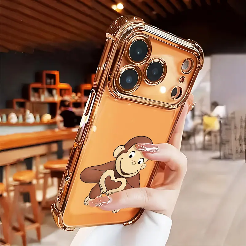 Cute Monkey Phone Case for iPhone 17 Air 16 15 14 13 12 11 Pro Max Plus X XS Shockproof Silicone TPU Bumper Drop Protection Soft Cover Four-corner Thickened Electroplated Bumper