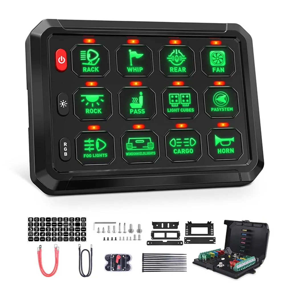 12-Gang Aluminum Alloy Waterproof Outdoor Light Switch Panel - 80A Circuit Breaker, RGB Backlit Dimmable Display, 12V/24V Switchboard for LED Lights in Trucks, Off-Road Vehicles (Easy Installation)