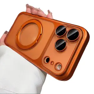 Magnetic Rotating Handheld Smartphone Cover - Plastic, Customized Stand-Type Protective Case with Built-In Lens Protection, Anti-Drop Design, Secure Grip for iPhone 17 Pro Max,16 Pro Max,15,14,13 Devices