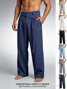 2026 New Summer Men's Linen Wide Leg Casual Pants, Asymmetrical Design, Breathable Cotton Hemp Fabric, Loose Fit, Floor Length