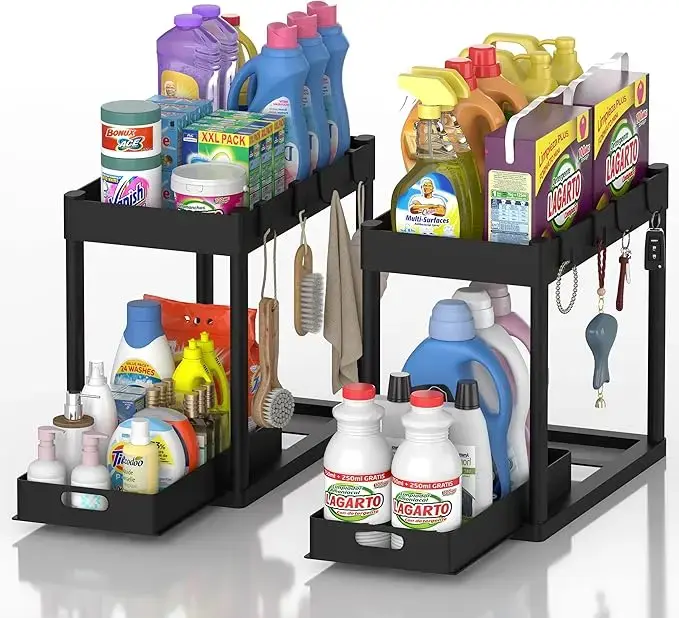 2 Pack Under Sink Organizer 2 Tier BathroomCabinet Organizer with Sliding Basket Multi-Purpose Storage for Bathroom Kitchen Black