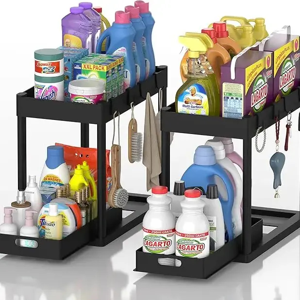 JIMITOTO 2-Pack Rectangular 2-Tier Indoor Multi-Purpose Under Sink Organizer - Sliding Basket, Black Shelves for Bathroom & Kitchen Cabinets, Space-Maximizing, 15”x8”x12.8” Bathroom Organizer