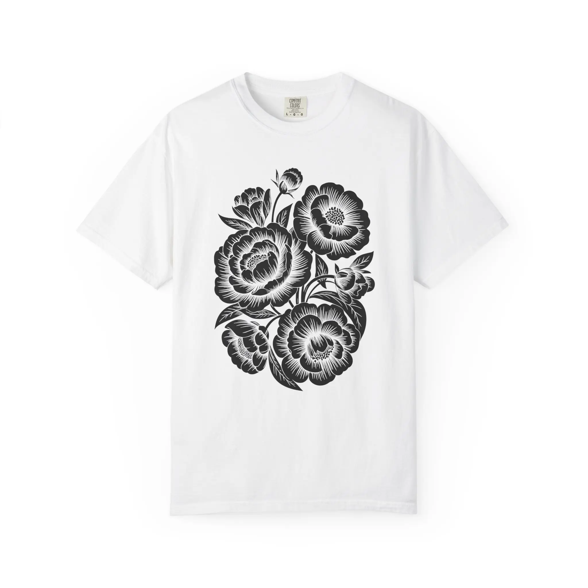 Black Floral Peony Illustration T-shirt |   Botanical Graphic Tee  100% Cotton Direct to Garment Print top unisex graphic tee