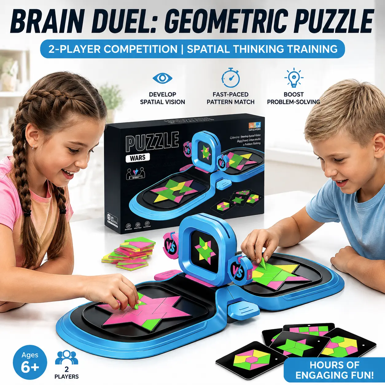 Puzzle Wars Geometric Tangram Shape Sorter - 2-Player Speed Battle Board Toy with Built-in Victory Bell, BPA-Free Smooth Plastic Game Pieces, Beginner to Advanced STEM Learning Brain Teaser for Kids Ages 6+ to Boost Problem-Solving