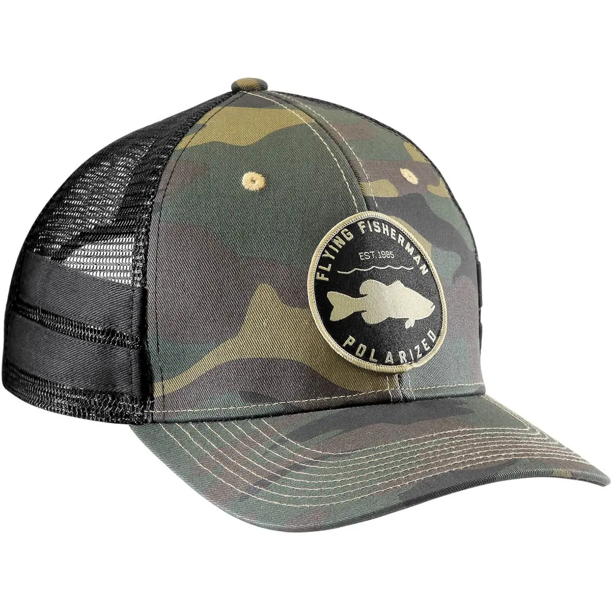 Flying Fisherman Men's Camo Snapback Trucker Hat, Adjustable Mesh Cap with Bass Patch for Outdoor Sports & Fishing, Adjustable Snapback Cap, Sports & Outdoor Hats, Mesh Back, Camouflage