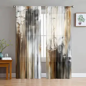 2D Flat 2Pcs Abstract Art Brown Grey White Striped Curtains, Pole Hung Semi Blackout Window Drapes for Living Room Bedroom, Home Decor