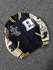 Men's Vintage School Team Jacket, American Street Style Embroidered Patchwork Baseball Coat, Fashion Loose Fit Hip Hop Outerwear