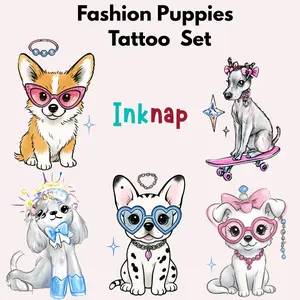 Inknap Fashion Puppies Temporary Tattoos Set 5 Pack Cute Dog Tattoo Stickers Waterproof 3-7 Days Puppy Bundle Design