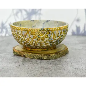 5" Diameter Handmade BPA-Free Soapstone Scrying Bowl - Sturdy Sun Floral Design Smudge Bowl, Natural Variations Kitchen Tableware, Decorative Household Gift, Bpa Free Bowls, Decorative Bowls