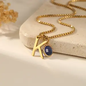 Personalized Initial Necklace with Birthstone 18K Gold Plated Stainless Steel 45cm Chain Gift for Women  Mother's Day Gift Wives Waterproof Adjustable Charm Fashion Alphabet Pendant Goldplated Letters Pendant