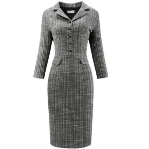 Hobemty Women's Tweed 3/4 Sleeve Lapel Collar Button Down Sheath Dress Small Black