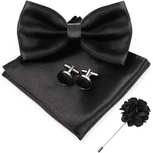 4PCS Black Bowties Men Kit, Pre-tied Corbatines para Hombres Elegantes, Bowtie and Pocket Square Set