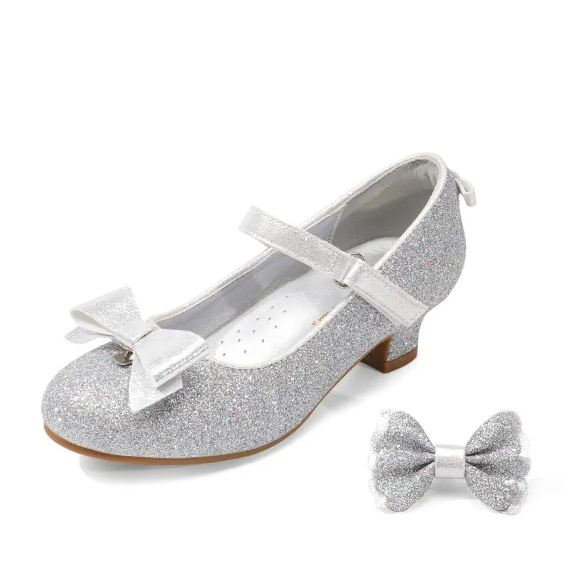 Dream Pairs Girls' Synthetic Mary Janes Formal Footwear, Round Toe Low-Heel, Interchangeable Bow, Sparkle Finish, Slip-On, Comfortable Insole, Hook-Loop Adjustable Strap, PU Leather Latex, for Formal Wear