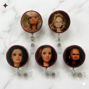 Funny Barb Cringe Face Dark Magenta Sparkly Retractable Badge Reel Cute Meme Acrylic ID Holder For Nurse Teacher Office Gag Gift