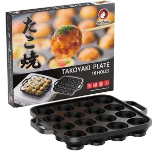 Otafuku Takoyaki Plate, Cast Iron Japanese Grill for Cooking Takoyaki Balls, Silicon Coated Pan (16 Holes)