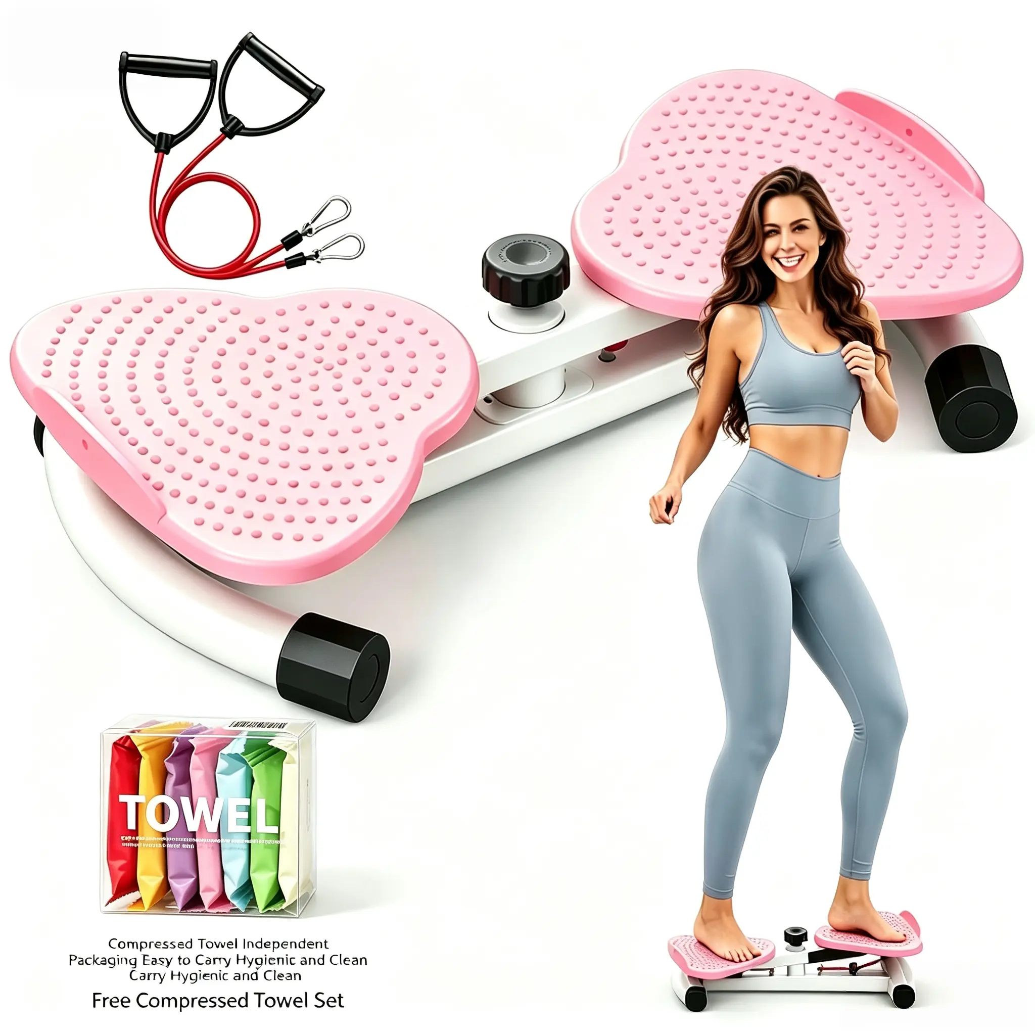 Heart-Shaped Multifunctional Fitness Board with Resistance Bands, Adjustable Twist Waist Machine for Full-Body Ab Training, Portable Home Workout Equipment, Indoor Fitness Gear, Ab Training Auxiliary Device with Disposable Compressed Towels, Indoor Fitnes