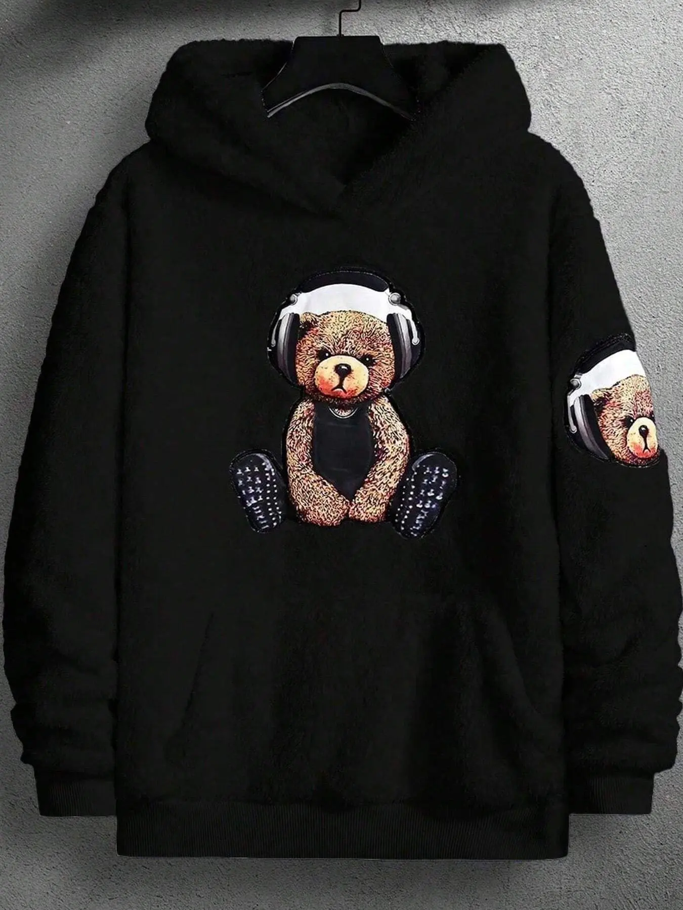 Men's Cartoon Bear Print Drop Shoulder Plush, Fashion Casual Regular Fit Kangaroo Pocket Hooded Sweatshirt for Daily Holiday Outdoor Wear, Men Clothes for Fall & Winter