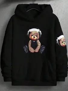 Men's Cartoon Bear Print Drop Shoulder Plush, Fashion Casual Regular Fit Kangaroo Pocket Hooded Sweatshirt for Daily Holiday Outdoor Wear, Men Clothes for Fall & Winter