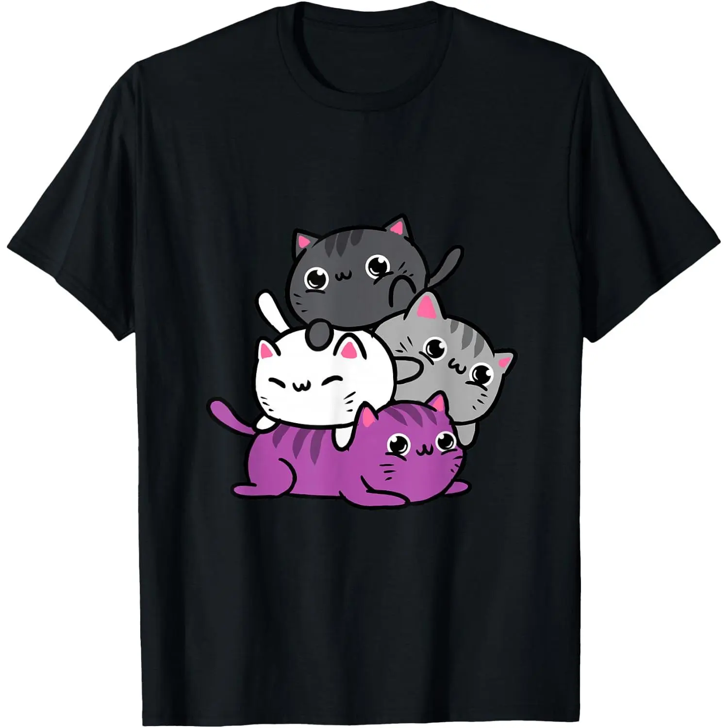 Women's 100% Cotton Short-Sleeve Round Neck Fashion Graphic T-Shirt, Natural Fabric, Unisex Kawaii Cat Pile Asexual Pride Design, Casual, Top, Soft, Tshirt, Sports