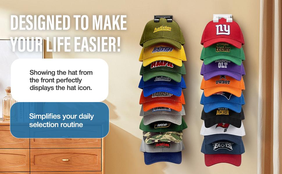 Hat Organizer Wall Mounted Multi-Level Baseball Cap Rack Adhesive Mount Stable Structure for Closet Door Bedroom Office Dormitory Easy Access Display Hanging Space 90% Saving
