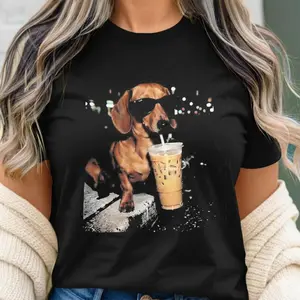 Funny Dachshund Drinking Iced Coffee Vintage T-shirt Wiener Dog Owner Gift Retro Tshirt
