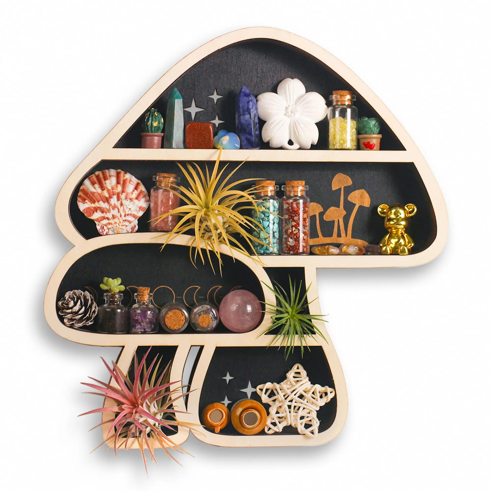 Durable Wooden Cute Mushroom Floating Wall Shelves - Gothic, Minimalist Crystal Rock Gem Stone Display Shelves with Storage Box, Ideal Home Decor Gift, Shelf