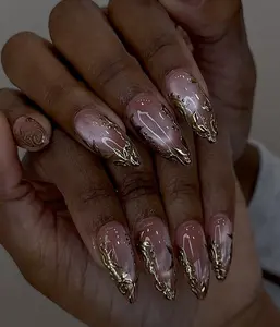 Golden Elegance Press On Nails | Metallic Gold Royal Tips | Classy Nude Almond Nails | Luxury Elegant Nail Art 