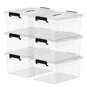 Plastic Storage Bin Box Organizing Container with Lid and Secure Latching Buckles Clear 16Qt x 6 Pack of 6