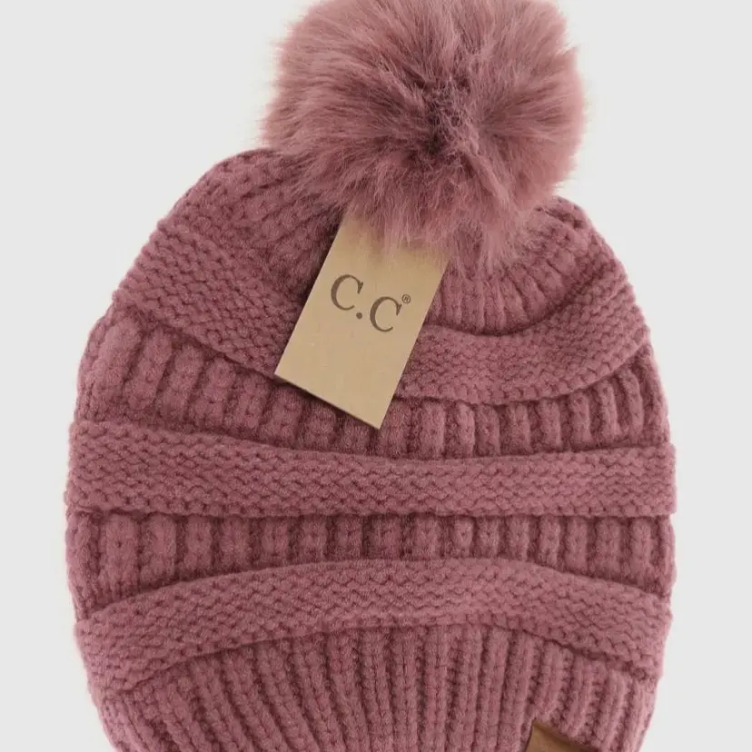 Dark Rose Pom Knit CC beanie