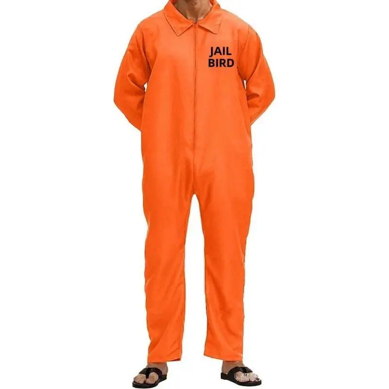 Adult Inmate Costume Halloween Prisoner Cosplay Jumpsuit Lapel Long Sleeve One Piece Unitard Men Orange Prisoner Jail Uniform