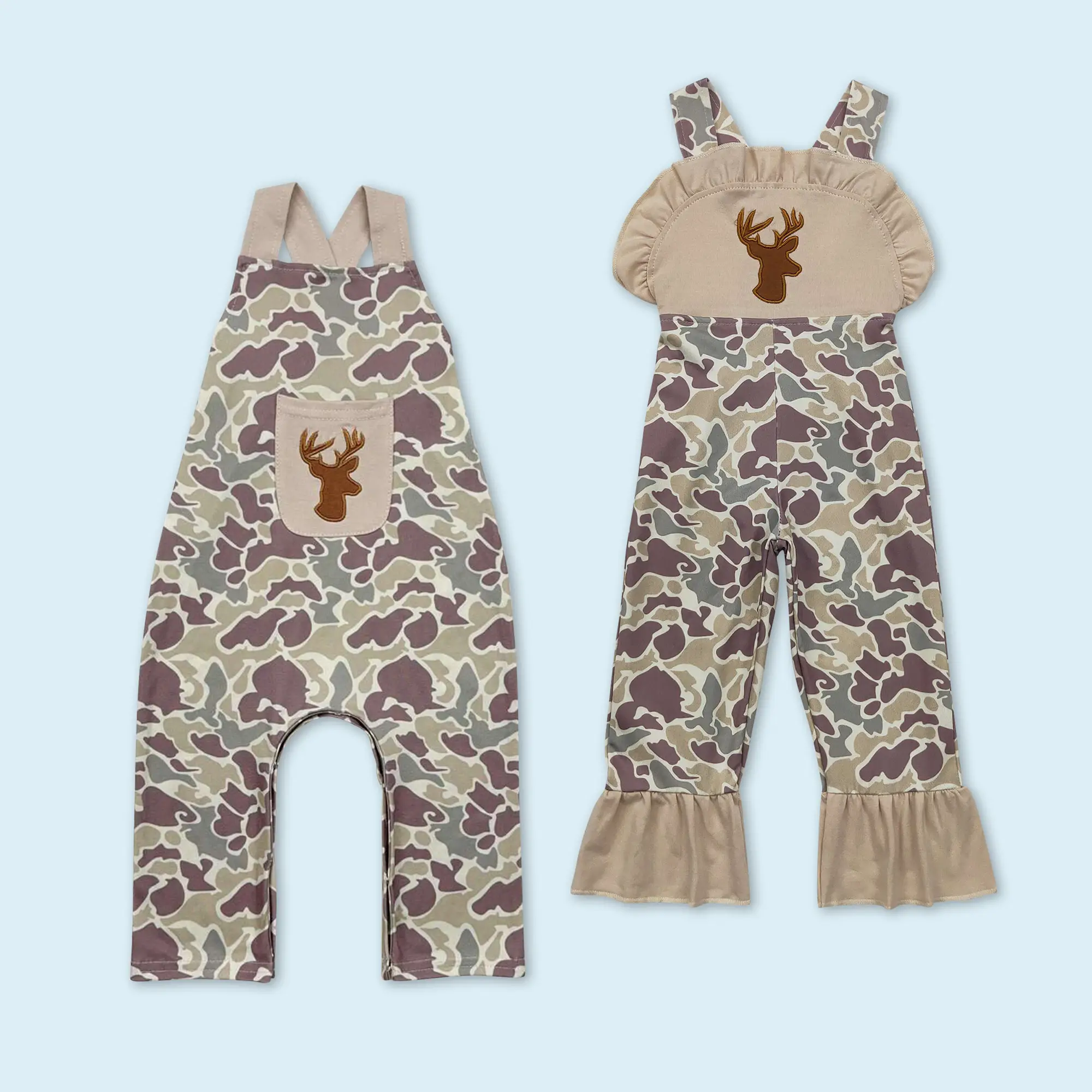 Sister Brother Embroidery Deer Toddle Baby Girls Boys Hunting Season Matching Camouflage Overall