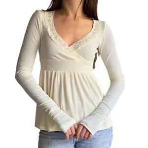 New Long Sleeve Lace Trim Wrap Shirt Women's Clothing Club Street Style Off-White V-Neck Top S M L Sizes French Cross Tie Gentle Ribbed Knit allie faith tube top outfit tana halter top babydoll top are you from new york puffer jacket Casual Fashion Denim