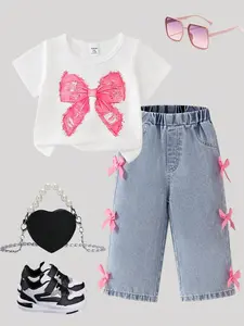 Baby Girl Summer Korean Style Cute Bow Short Sleeve Top, Distressed Denim Jeans with Multiple Ribbon Bows for Toddler Outfit, Baby Girl Clothes