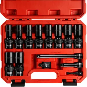 3/8" Drive Swivel Socket Set, 14 count Deep Universal Impact Socket Set, Metric(10-19mm) Flexible Wobble Socket Set, 6 Point, CR-MO, 3", 6" Extension Bars, Socket Adapter