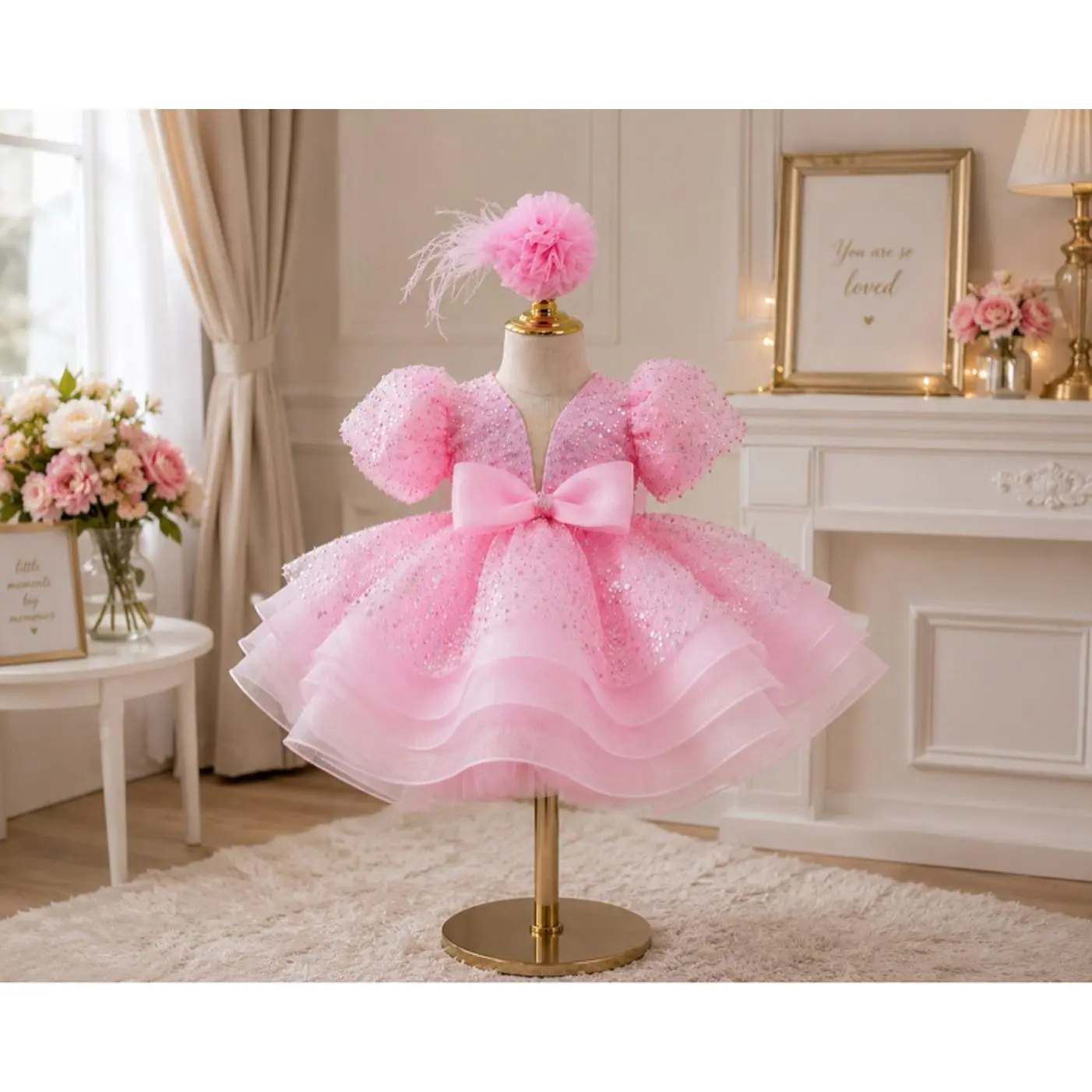 2T /3T Luxury Baby Girl Pink Princess Party Dress with Sparkly Sequins Puffy Tulle Skirt & Matching Floral Headpiece for Special Days