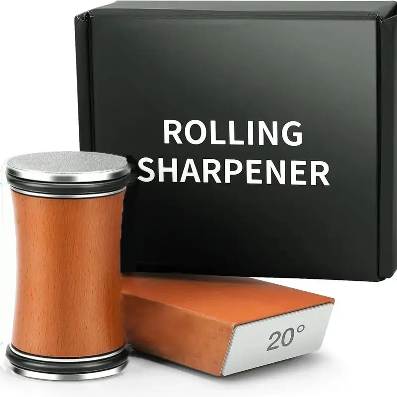 Professional rolling knife sharpener,adjustable from 15° to 20°,wooden handle whetstone, simple operation, ergonomic design, with diamond grinding disc and ceramic grinding disc, kitchen accessories gadgets, suitable for sharpening knives, kitchen gadgets