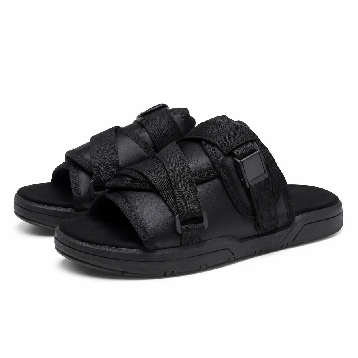Men's Black Buckle Slide Sandals, Adjustable Strap Comfort Slippers, Casual Open Toe Summer Shoe