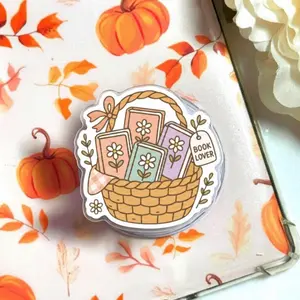 Book Lover Basket Phone Grip, MagSafe Pop Socket, Kindle Holder, Cute Reading Aesthetic Grip, Cozy Reader Gift, Floral Book Stack Phone Stand, Pastel Library Accessory