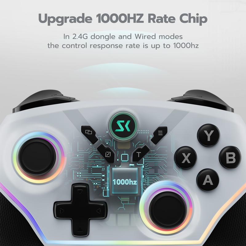 Pro Wireless Gaming Controller – RGB Backlit, Hall Effect Joysticks (2-Stage), 1000Hz Polling Rate, 6-Axis Motion Sensor & Mech Buttons – Works with PC, Nintendo Switch, Steam, Android