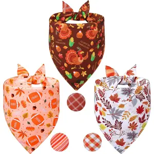 Thanksgiving Dog Bandanas Large 3PCS, 6 Pattern Fall Scarf for Boy and Girl, Pumpkin Leaves Rugby Triangle Reversible Bibs Breed for Puppy Pets