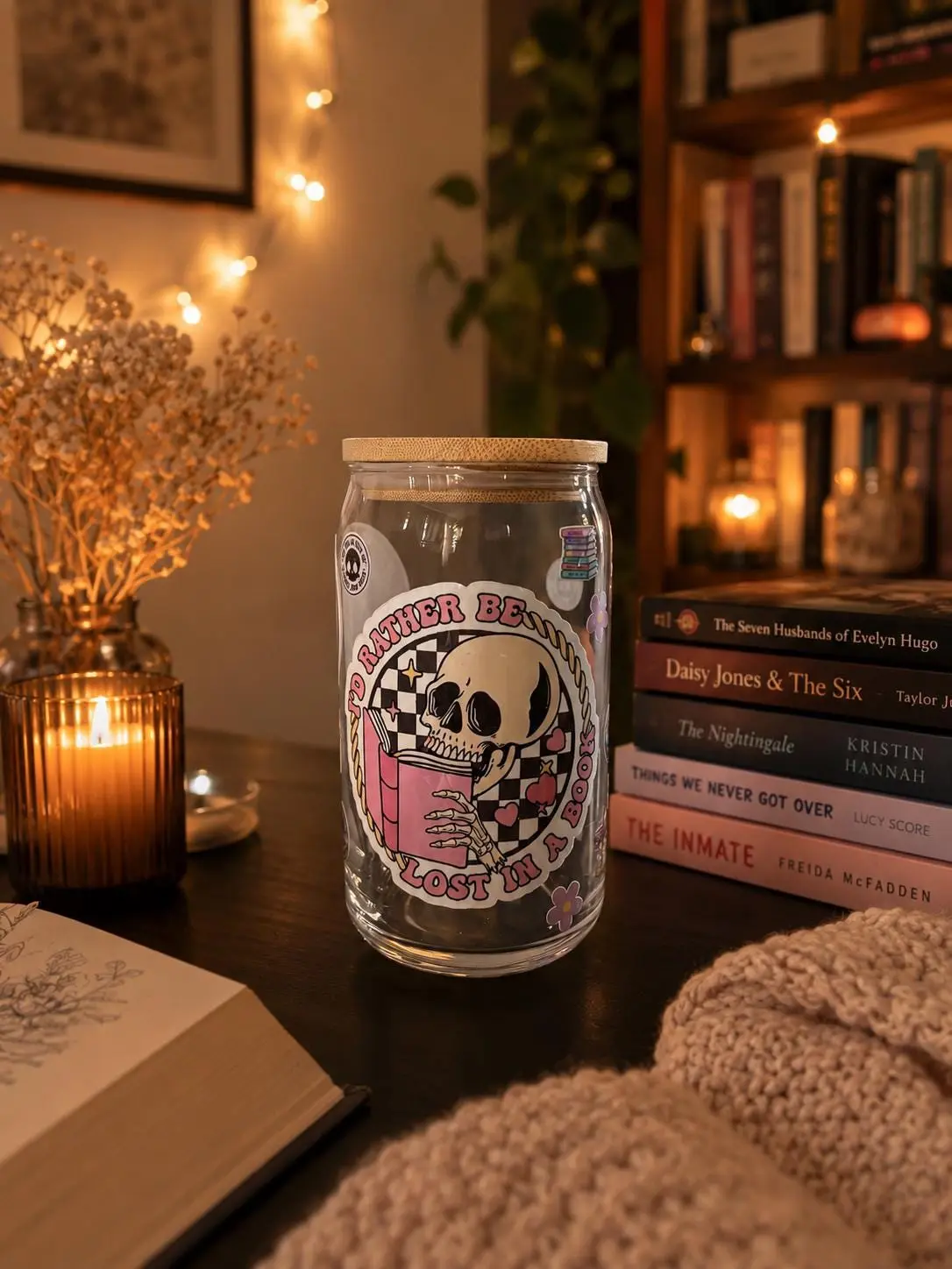 Lost in a Book Glass Cup | Skeleton Gothic Iced Coffee Tumbler