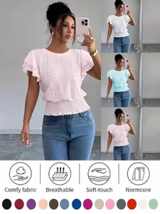 Women's 2026 Spring Summer T-Shirt, European Style Hollow Out Ruffle Sleeve, Round Neck Short Sleeve, Solid Color Casual Basic Top, Loose-Fitting