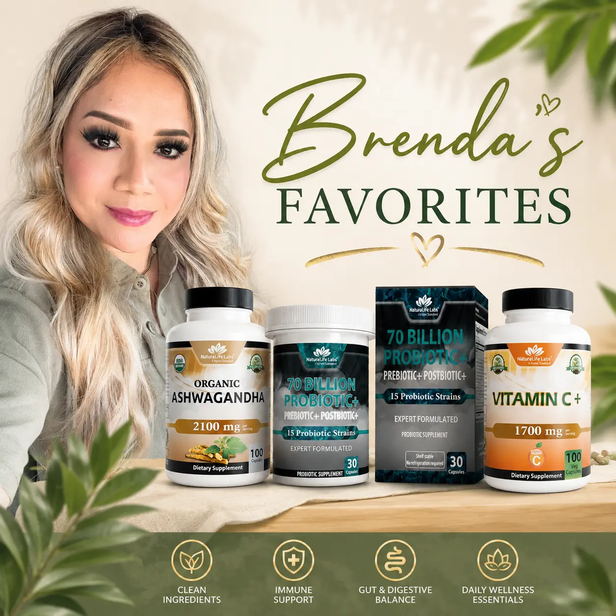 Brenda’s Balance & Wellness Bundle：Organic Ashwagandha + 70 Billion Probiotic+ + Vitamin C+