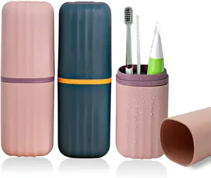 2 Pack Travel Toothbrush Holder, 2 1 Toothbrush and Toothpaste Case for Traveling, Portable Tooth Brush Cup with Cover, Toothbrush Holder for Camping Business Trip Bathroom School, Pink and Blue