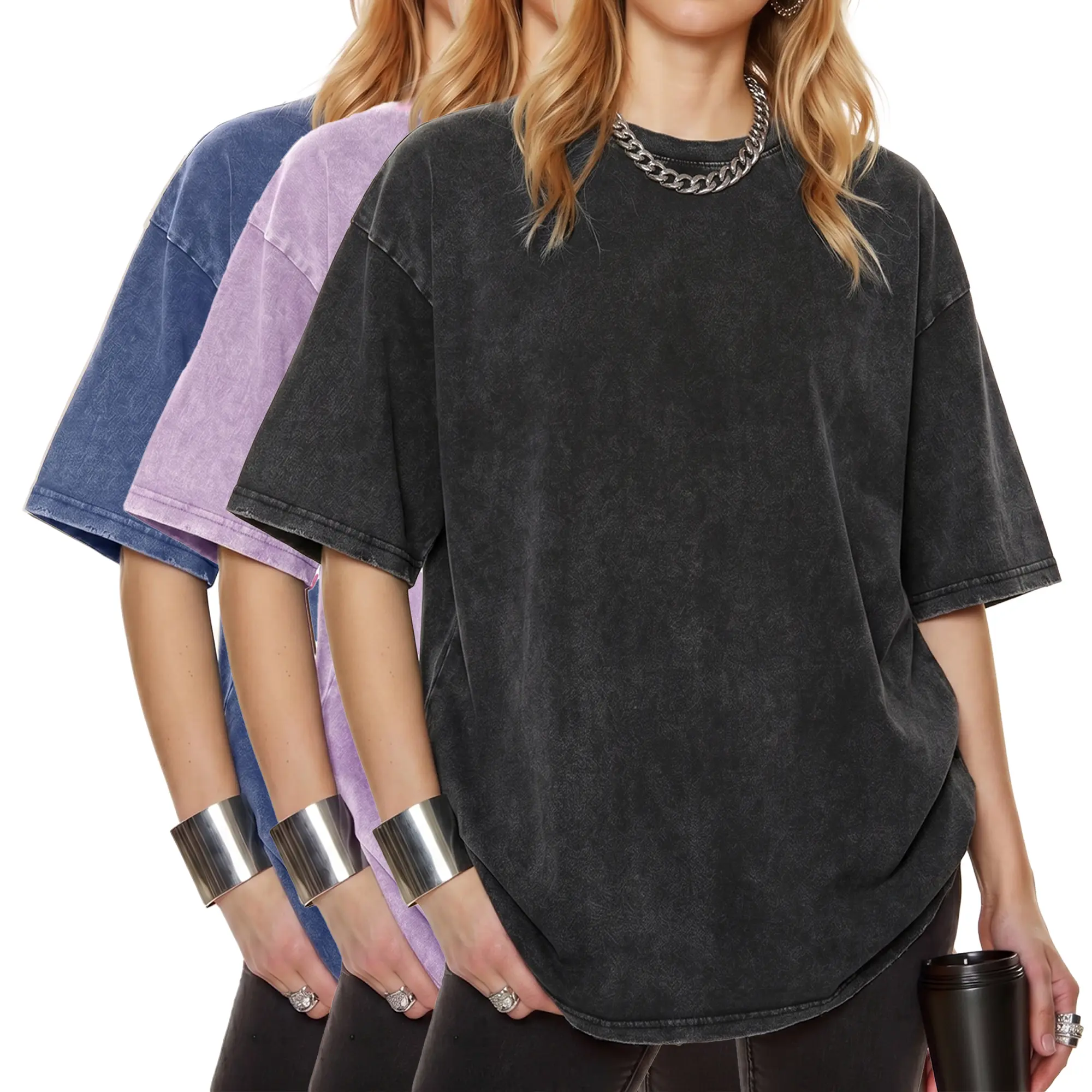 Women's 3-Pack 230g Vintage Washed 100% Cotton T-Shirts, Basic Casual Crew Neck Everyday Summer Tops, Loose Fit, Soft Feel, Breathable Cotton Keeps You Cool