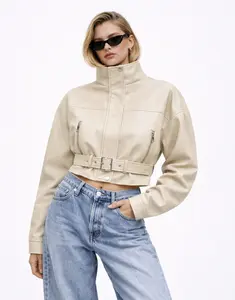 Forever 21 Women's Faux Leather Belted Cropped Coat, Long-Sleeve Moto Biker Jacket, Vintage Edgy Streetwear Tops with Sleeves, Chic Outerwear